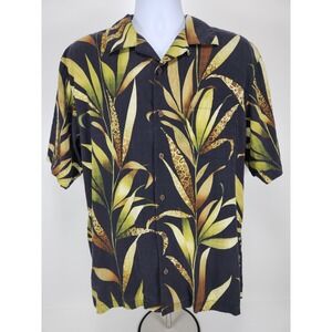 Tommy Bahama Men M Pure Silk‎ Black Green Floral Collar Loop Hawaiian Camp Shirt